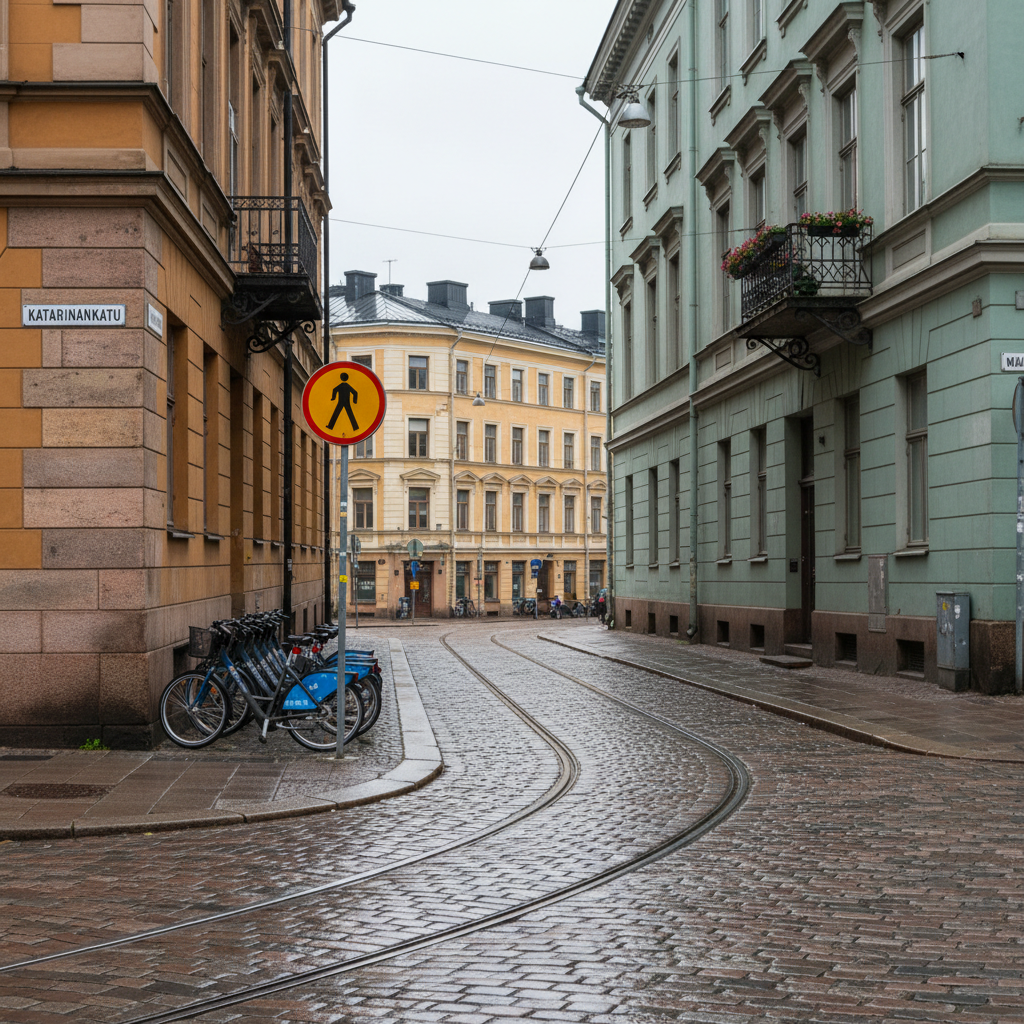 A close-up, eye-level photographic scene of a Helsinki cobblestone side street in the historical center, framed between two colorful 19th‑century stone buildings with ornate window frames and small decorative balconies. The cobblestones glisten slightly, as if from a recent light rain, and tram rails run along the street, curving gently into the distance. Small details include Finnish street name signs, a neatly aligned row of bicycles, and a bright yellow pedestrian crossing sign. Overcast daylight creates soft, diffused lighting without harsh shadows, highlighting the textures of stone, metal, and wet pavement. The atmosphere is calm yet curious, suggesting a guiding voice pointing out quirky urban details. The composition uses the buildings as leading lines, drawing the viewer’s eye deeper into the street, with realistic colors and crisp, photographic detail.