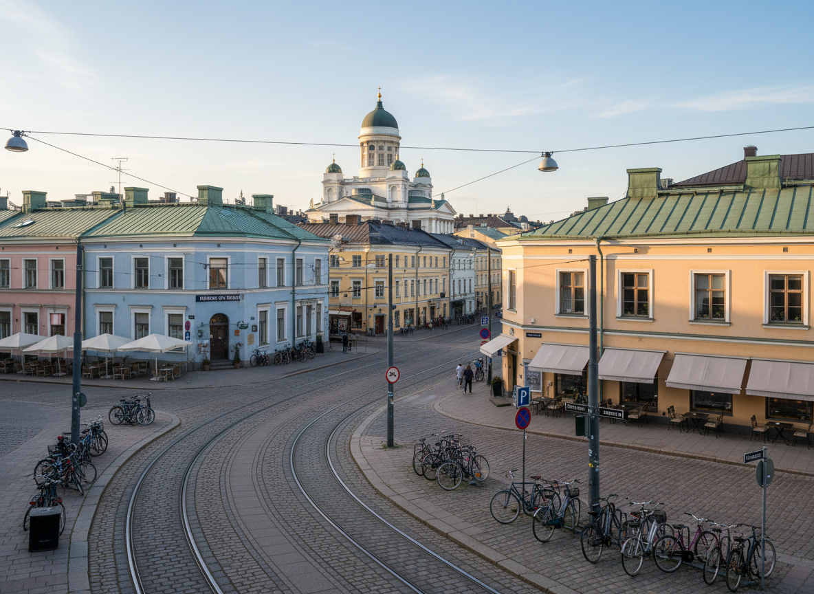 A wide-angle photographic view of Helsinki’s compact downtown skyline in early summer, captured from an elevated vantage point. Colorful low-rise buildings with pastel facades and green copper roofs cluster around the distant white cathedral dome, while tram tracks curve through the foreground streets. The scene is devoid of people but dotted with parked bicycles, street signs in Finnish and Swedish, and neatly arranged outdoor café tables. Soft late-afternoon sunlight bathes the city in a warm, inviting glow, casting long, gentle shadows that emphasize the cobblestone textures. The sky is a clear pale blue with a few wispy clouds. Shot at eye level with sharp focus throughout, the composition feels open and exploratory, evoking the mood of a guided city walk filled with stories and discoveries, in clean photographic realism.