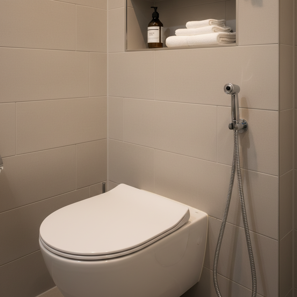 A meticulously detailed, eye-level bathroom corner in a modern Helsinki apartment hotel, captured in crisp photographic realism. A pristine white ceramic toilet with smooth rounded lines stands against a light gray tiled wall. To its right, a sleek chrome hand-held bidet spray with a flexible hose hangs from a wall-mounted holder, its metallic surface reflecting soft bathroom lighting. The tiles are matte, with subtle grout lines forming a tidy grid. On a small built-in shelf, neatly folded white towels and a minimalist bottle of Finnish-branded liquid soap add local character. Warm overhead LED lighting creates gentle, shadow-free illumination, emphasizing cleanliness and clarity. The composition centers the bidet spray and toilet, with tight framing that feels educational yet tasteful, perfectly suited to explaining this curious Finnish bathroom feature.