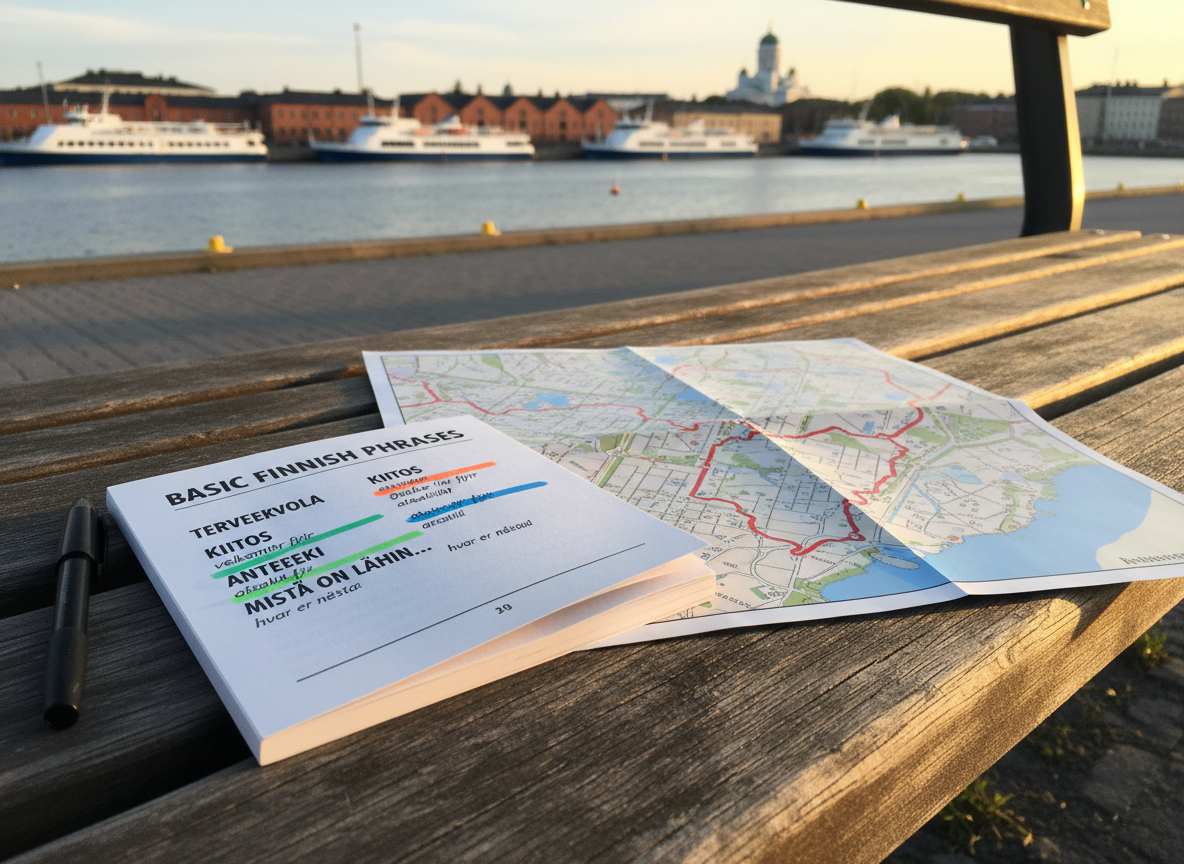 A compact pocket phrasebook spread for basic Finnish phrases laid open on a weathered park bench overlooking Helsinki’s harbor, shot from a close, slightly elevated angle. The book’s pages show bold Finnish words with small Icelandic translations underneath, highlighted with colorful marker strokes. Next to the book lies a simple black pen and a folded paper map of central Helsinki, marked with a walking route in red. In the blurred background, recognizable harbor elements appear: a line of white ferries, low warehouse buildings, and the faint silhouette of the cathedral dome. Soft evening light bathes the scene, casting long, gentle shadows from right to left. The mood is curious and light-hearted, suggesting practical but playful language learning on a city walk, rendered in bright, realistic photographic detail.