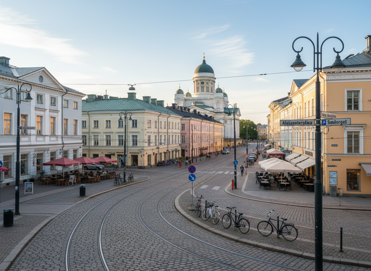 A wide-angle photographic view of Helsinki’s compact downtown skyline in early summer, captured from an elevated vantage point. Colorful low-rise buildings with pastel facades and green copper roofs cluster around the distant white cathedral dome, while tram tracks curve through the foreground streets. The scene is devoid of people but dotted with parked bicycles, street signs in Finnish and Swedish, and neatly arranged outdoor café tables. Soft late-afternoon sunlight bathes the city in a warm, inviting glow, casting long, gentle shadows that emphasize the cobblestone textures. The sky is a clear pale blue with a few wispy clouds. Shot at eye level with sharp focus throughout, the composition feels open and exploratory, evoking the mood of a guided city walk filled with stories and discoveries, in clean photographic realism.