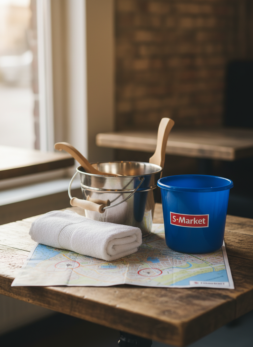 A playful still life of Helsinki trivia objects carefully arranged on a rustic wooden café table, photographed from a slightly elevated angle. At the center sits a shiny metal sauna bucket with a smooth wooden handle, next to a folded white towel and a traditional wooden sauna ladle. Nearby rests a bright blue plastic bucket with a Finnish supermarket logo, clearly new and slightly glossy. A small desk map of central Helsinki lies underneath, corners curling up, with landmarks circled in red pen. Soft window light from the left creates warm highlights and gentle shadows, giving depth and realism. The mood is fun and slightly quirky, suggesting a game or quiz about Finnish habits. Background elements blur into a subtle bokeh of indoor café textures, maintaining focus on the objects in clean photographic realism.