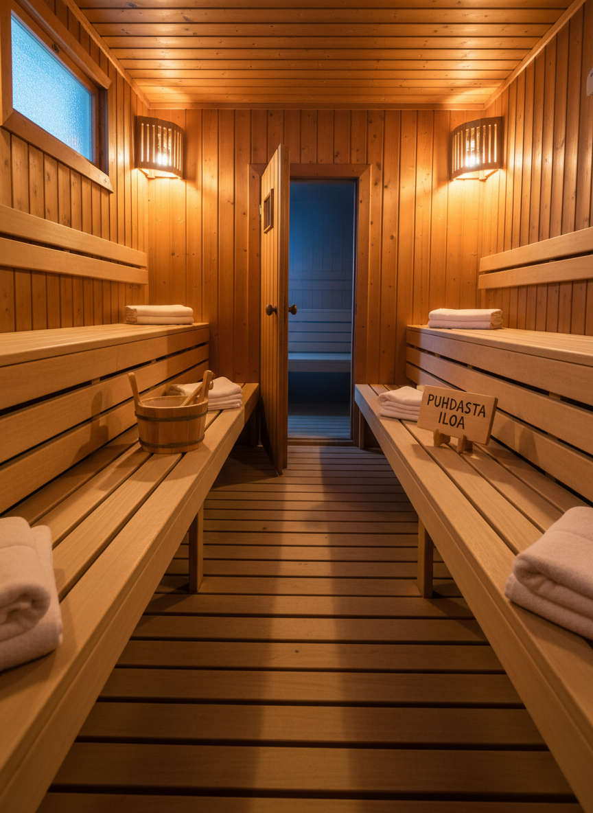An atmospheric interior of a traditional Finnish public sauna changing area, depicted without people in rich photographic realism. Smooth, honey-colored wooden benches line both sides of a narrow room, the planks showing subtle grain and occasional knots. On the benches rest neatly folded white towels, a wooden sauna bucket with a ladle, and a small sign with Finnish text. The far door is slightly ajar, revealing a hint of the darker, steaming sauna room beyond. Warm, low ceiling lights cast a golden glow that enhances the wood’s color, with soft shadows stretching along the floor slats. A small frosted window high on the wall lets in a cooler bluish daylight, creating a gentle contrast. The mood is inviting, authentic, and slightly mysterious, evoking stories and explanations shared during a city walking tour.